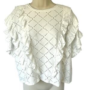 Zara White Eyelet Ruffle Cutwork Blouse - Embroidered Short Sleeve Top - Size L